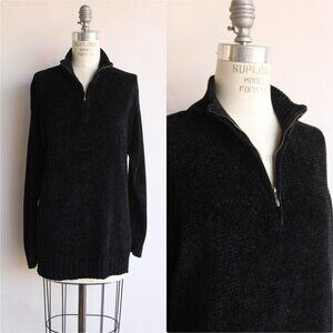 Vintage 1990s 2000s Sweater, Black Chenille Zipper Mock Neck Tunic, Gothic